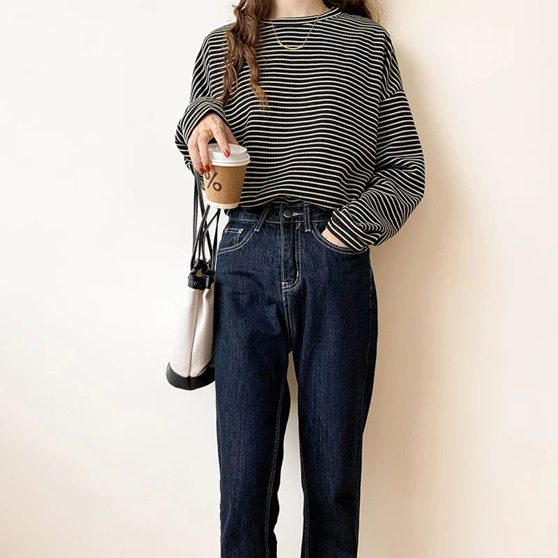 100% Cotton Striped Long Sleeve T Shirt for Women Loose Fit Soft Khaki Basic Casual Tee Summer Top