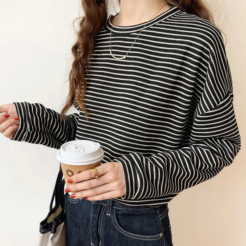100% Cotton Striped Long Sleeve T Shirt for Women Loose Fit Soft Khaki Basic Casual Tee Summer Top