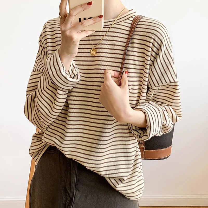 100% Cotton Striped Long Sleeve T Shirt for Women Loose Fit Soft Khaki Basic Casual Tee Summer Top