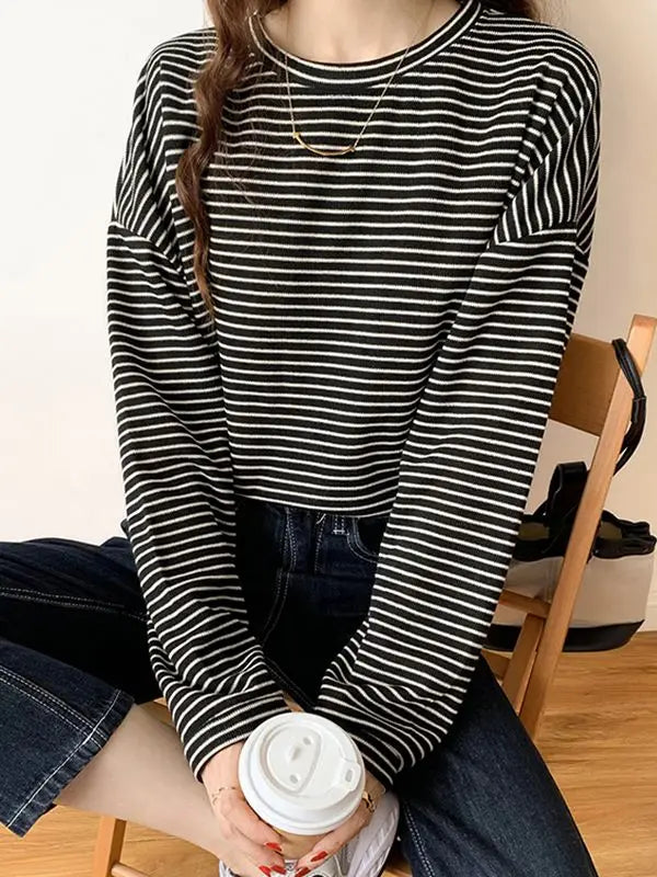100% Cotton Striped Long Sleeve T Shirt for Women Loose Fit Soft Khaki Basic Casual Tee Summer Top