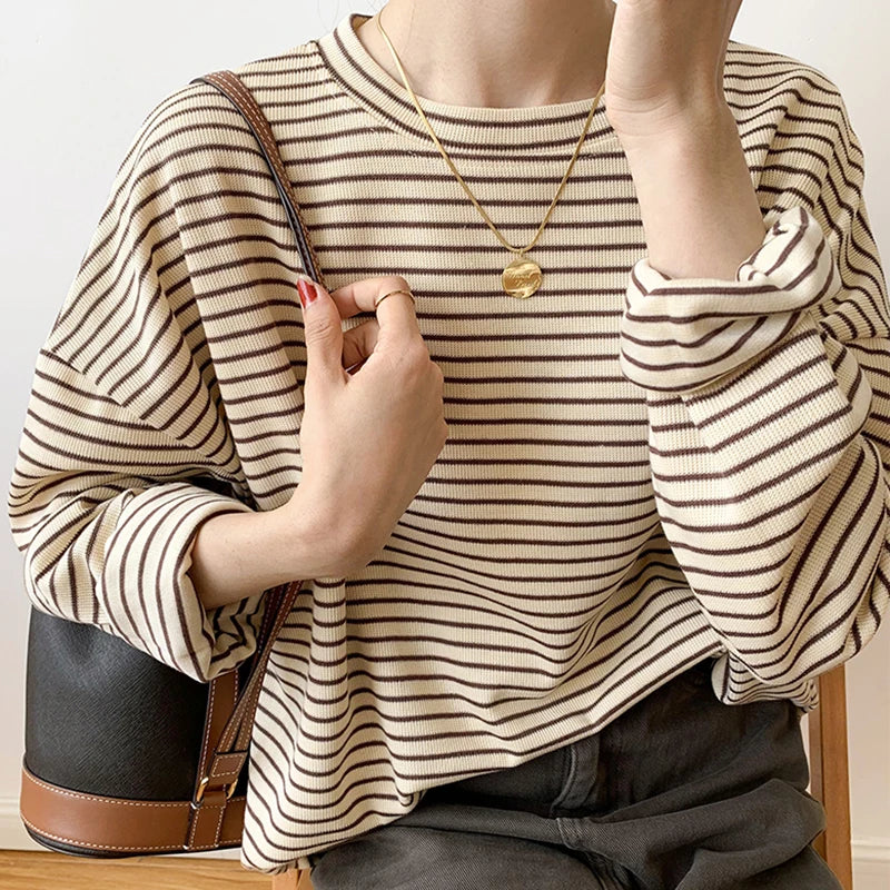 100% Cotton Striped Long Sleeve T Shirt for Women Loose Fit Soft Khaki Basic Casual Tee Summer Top