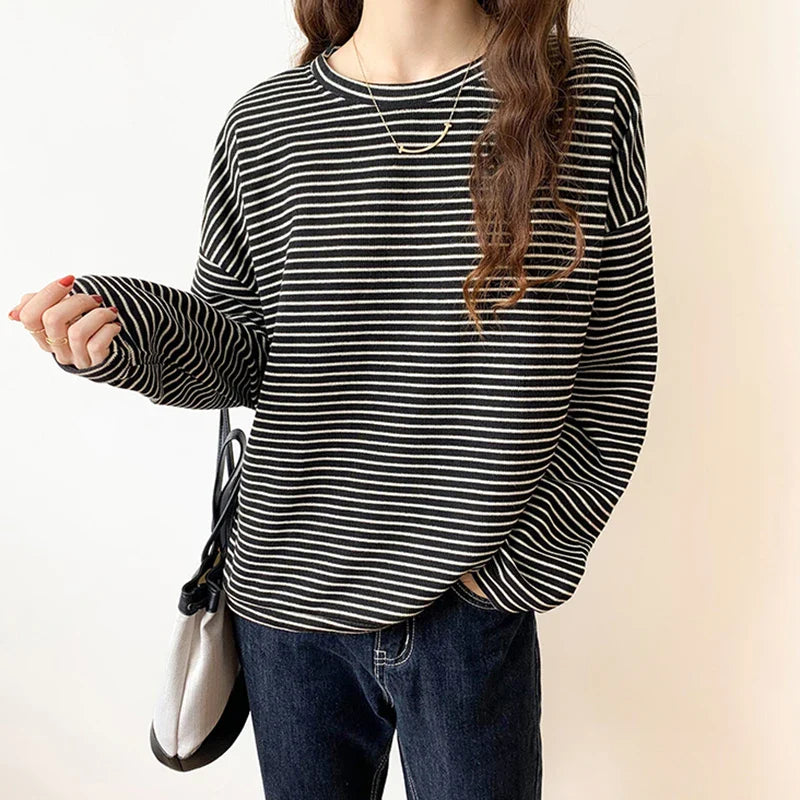 100% Cotton Striped Long Sleeve T Shirt for Women Loose Fit Soft Khaki Basic Casual Tee Summer Top