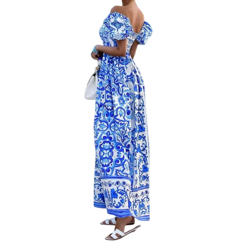 BambooBoy Summer Print Waist Pleated Backless Dress for Women Bohemian Elegant Off Shoulder Puff Sleeve Maxi Party Dress