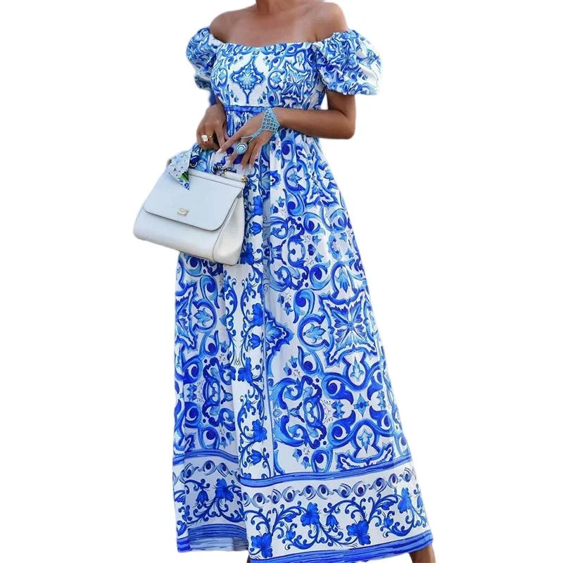 BambooBoy Summer Print Waist Pleated Backless Dress for Women Bohemian Elegant Off Shoulder Puff Sleeve Maxi Party Dress