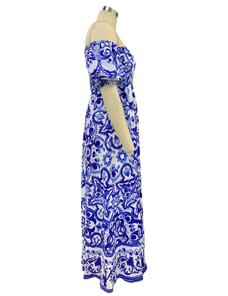 BambooBoy Summer Print Waist Pleated Backless Dress for Women Bohemian Elegant Off Shoulder Puff Sleeve Maxi Party Dress