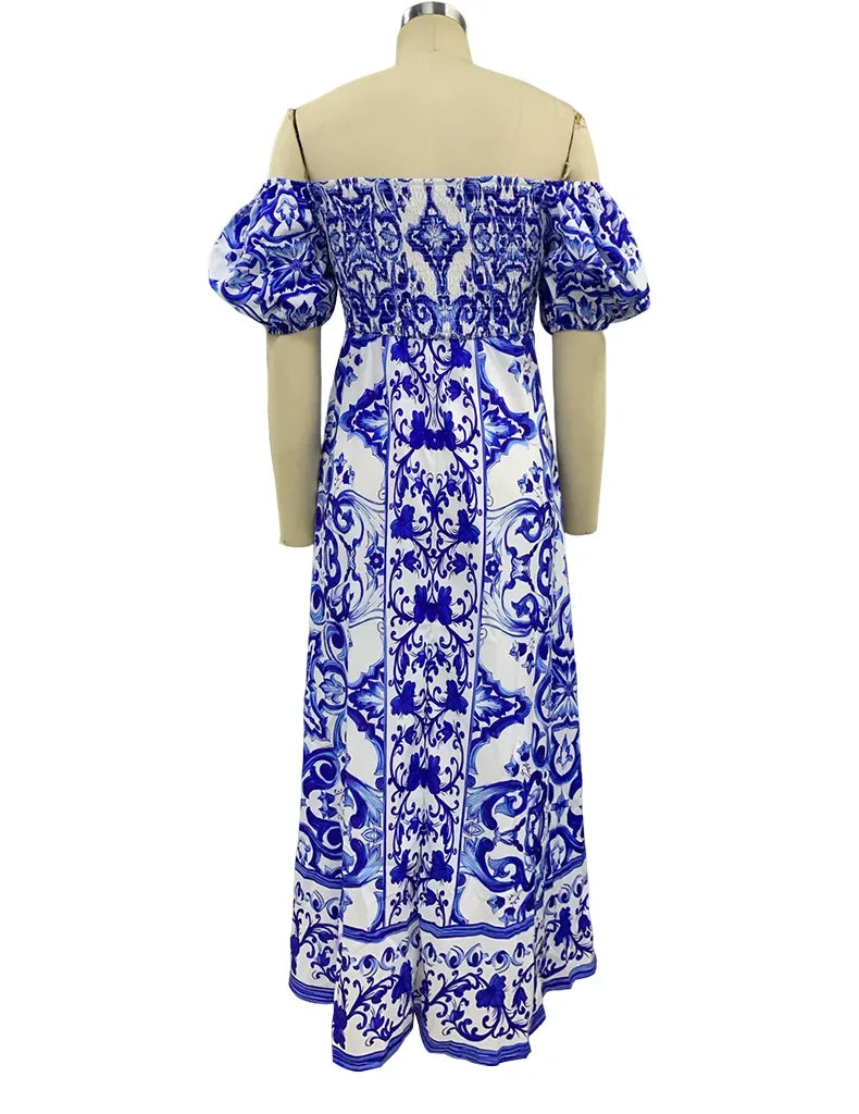 BambooBoy Summer Print Waist Pleated Backless Dress for Women Bohemian Elegant Off Shoulder Puff Sleeve Maxi Party Dress