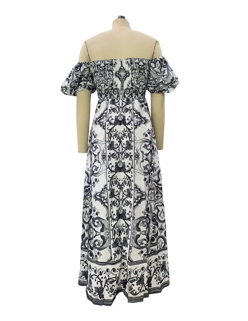 BambooBoy Summer Print Waist Pleated Backless Dress for Women Bohemian Elegant Off Shoulder Puff Sleeve Maxi Party Dress