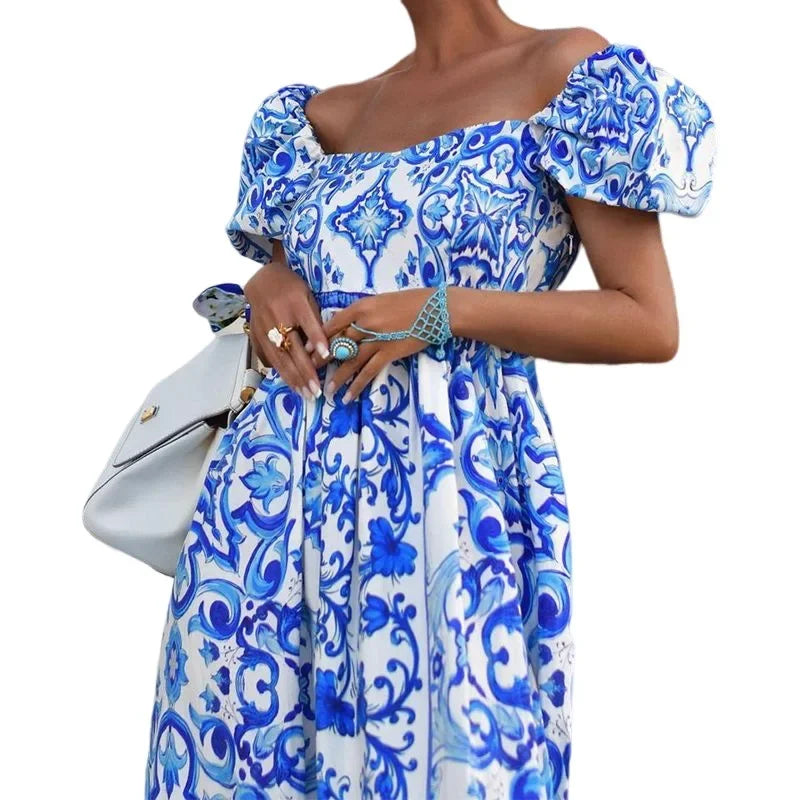 BambooBoy Summer Print Waist Pleated Backless Dress for Women Bohemian Elegant Off Shoulder Puff Sleeve Maxi Party Dress