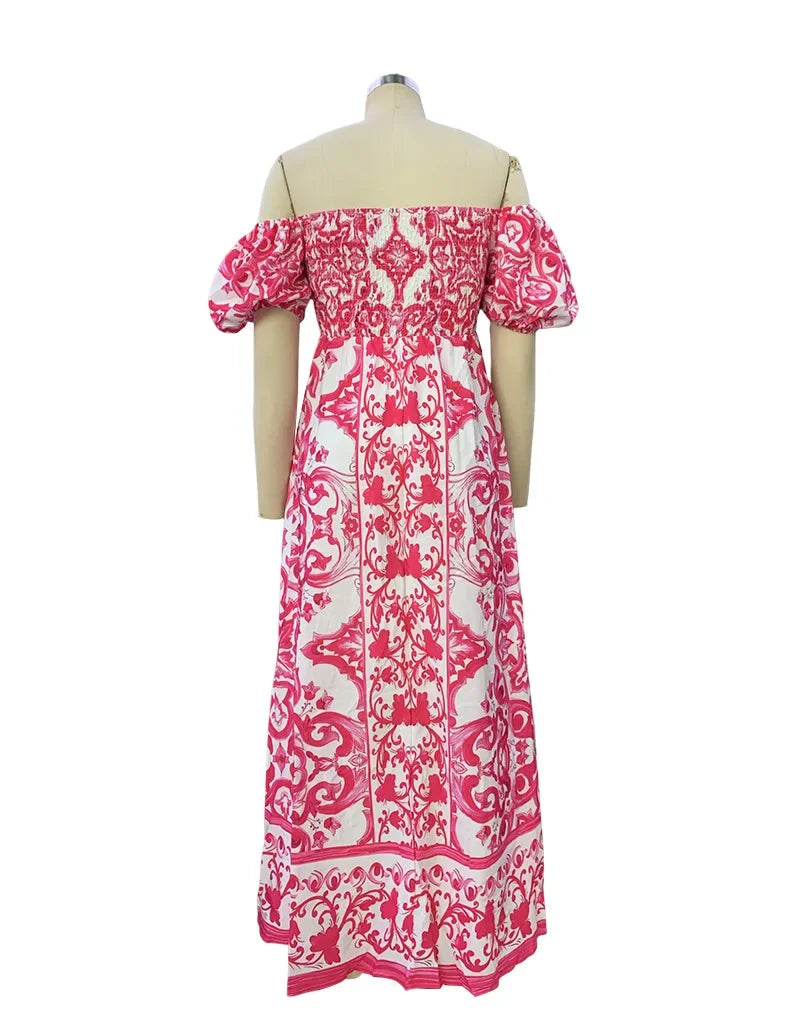 BambooBoy Summer Print Waist Pleated Backless Dress for Women Bohemian Elegant Off Shoulder Puff Sleeve Maxi Party Dress