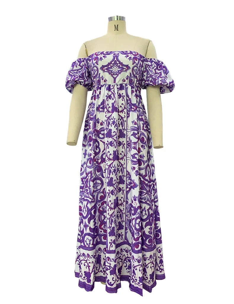 BambooBoy Summer Print Waist Pleated Backless Dress for Women Bohemian Elegant Off Shoulder Puff Sleeve Maxi Party Dress