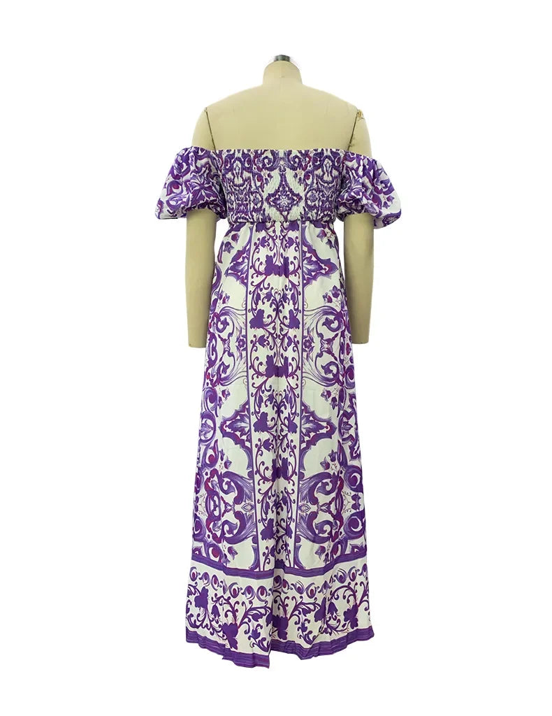 BambooBoy Summer Print Waist Pleated Backless Dress for Women Bohemian Elegant Off Shoulder Puff Sleeve Maxi Party Dress