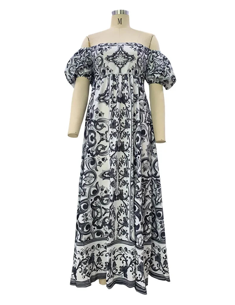 BambooBoy Summer Print Waist Pleated Backless Dress for Women Bohemian Elegant Off Shoulder Puff Sleeve Maxi Party Dress