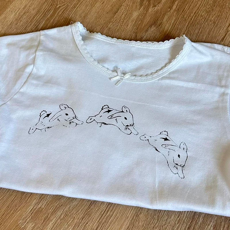 Y2k Women's Slim Fit Gothic Rabbit Print Baby Tee Crop Top Casual Vintage Harajuku Punk Grunge Streetwear T-Shirt