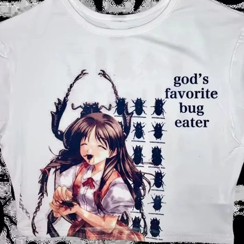 Y2K Vintage Aesthetic Kawaii Comic Print Slim Crop Top Baby Tee Summer Streetwear Goth Short Sleeve E-Girl Shirt