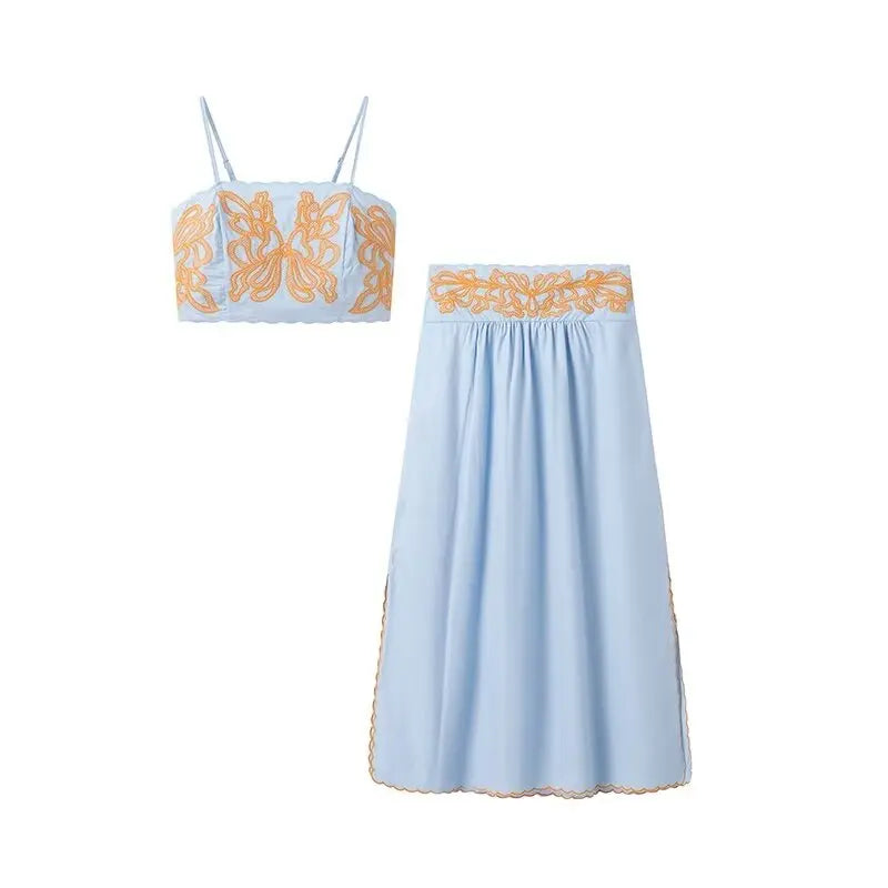 Women's Casual Elegant Retro Embroidered Strap Crop Top and Short Skirt Set