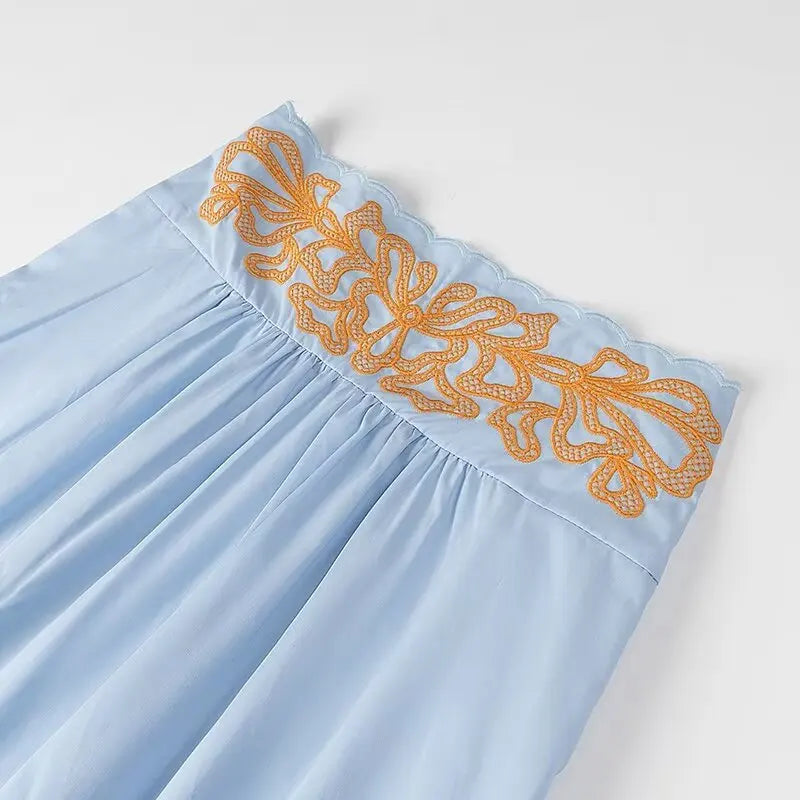 Women's Casual Elegant Retro Embroidered Strap Crop Top and Short Skirt Set