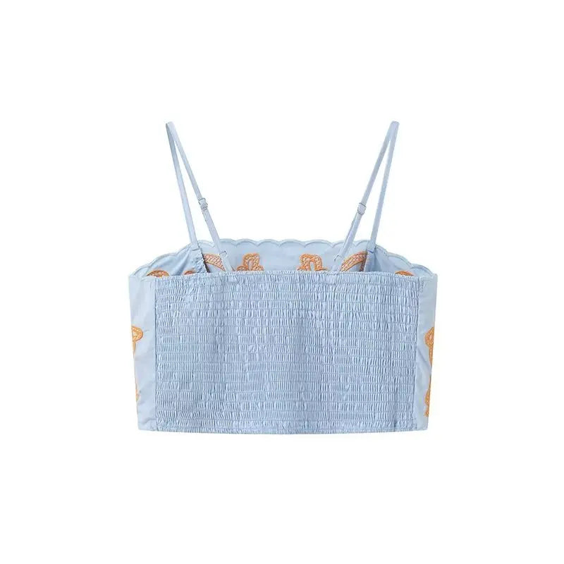 Women's Casual Elegant Retro Embroidered Strap Crop Top and Short Skirt Set