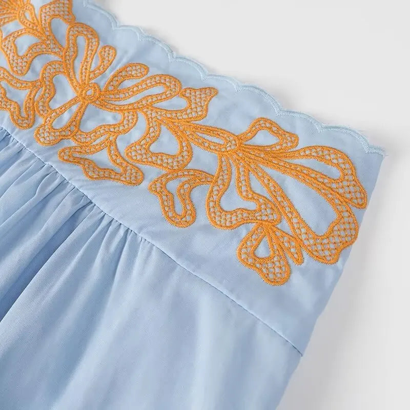 Women's Casual Elegant Retro Embroidered Strap Crop Top and Short Skirt Set