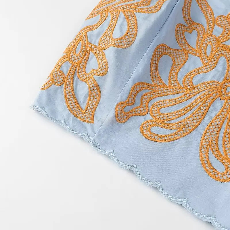 Women's Casual Elegant Retro Embroidered Strap Crop Top and Short Skirt Set