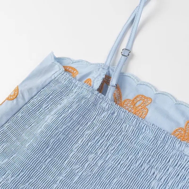 Women's Casual Elegant Retro Embroidered Strap Crop Top and Short Skirt Set