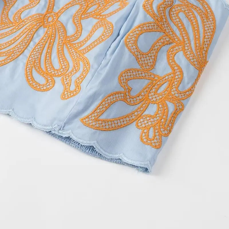 Women's Casual Elegant Retro Embroidered Strap Crop Top and Short Skirt Set