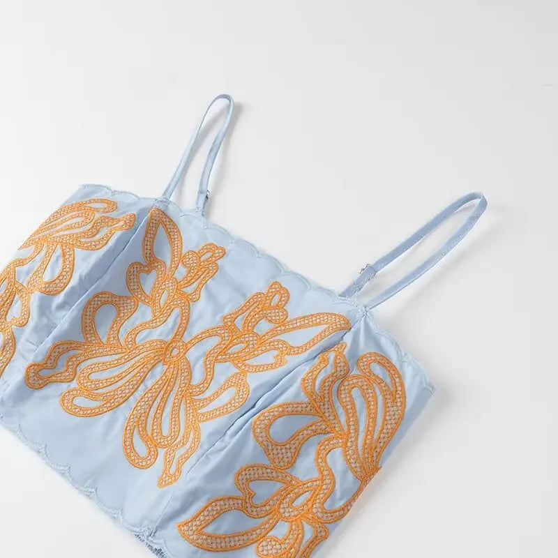 Women's Casual Elegant Retro Embroidered Strap Crop Top and Short Skirt Set