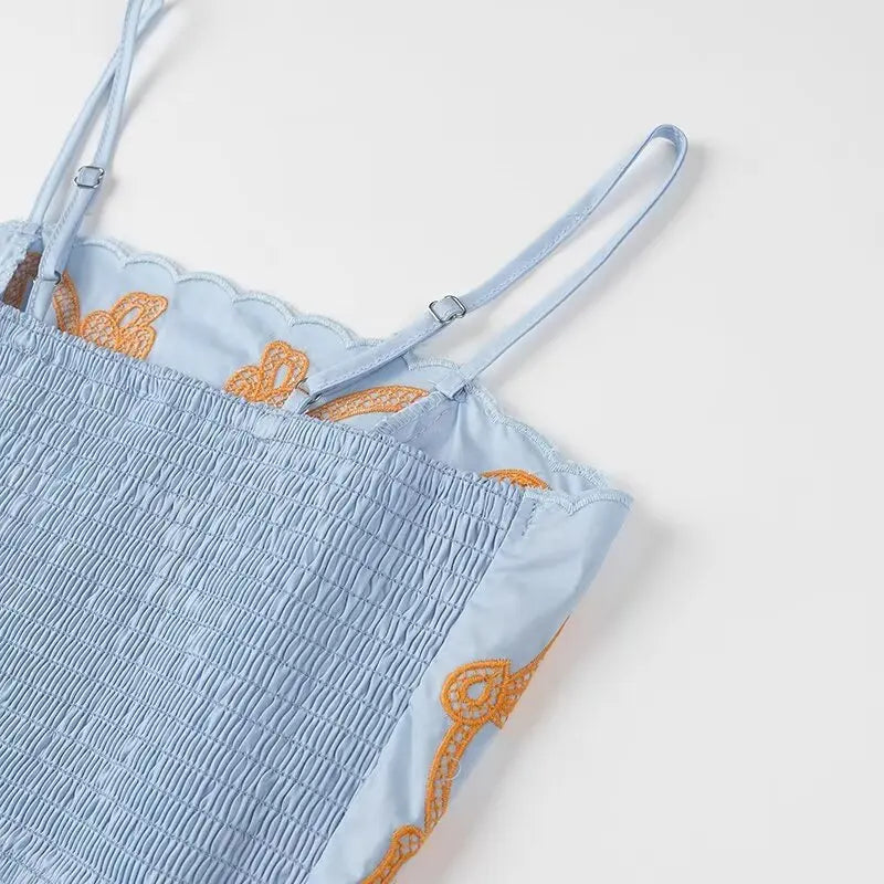 Women's Casual Elegant Retro Embroidered Strap Crop Top and Short Skirt Set