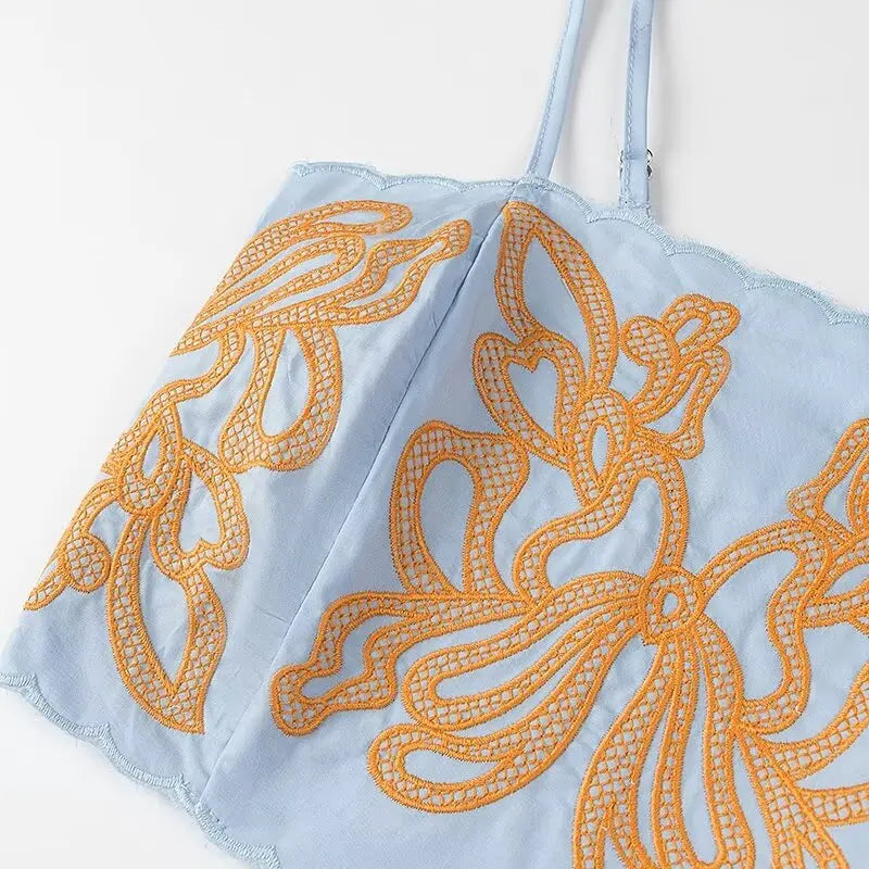 Women's Casual Elegant Retro Embroidered Strap Crop Top and Short Skirt Set