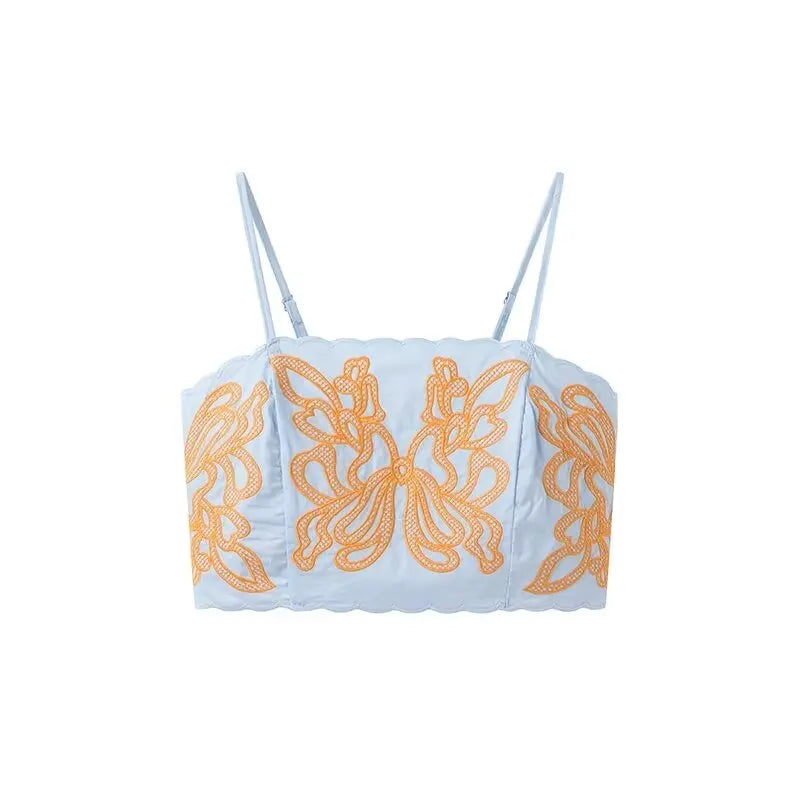 Women's Casual Elegant Retro Embroidered Strap Crop Top and Short Skirt Set