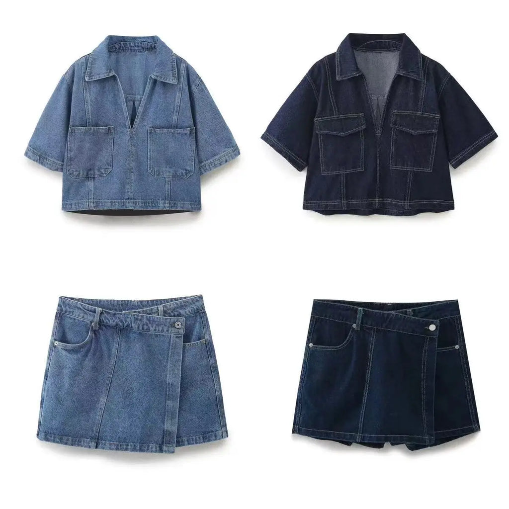 Chic Versatile Women's Casual Denim Shirt and Mini Skirt Set for Stylish Everyday Wear