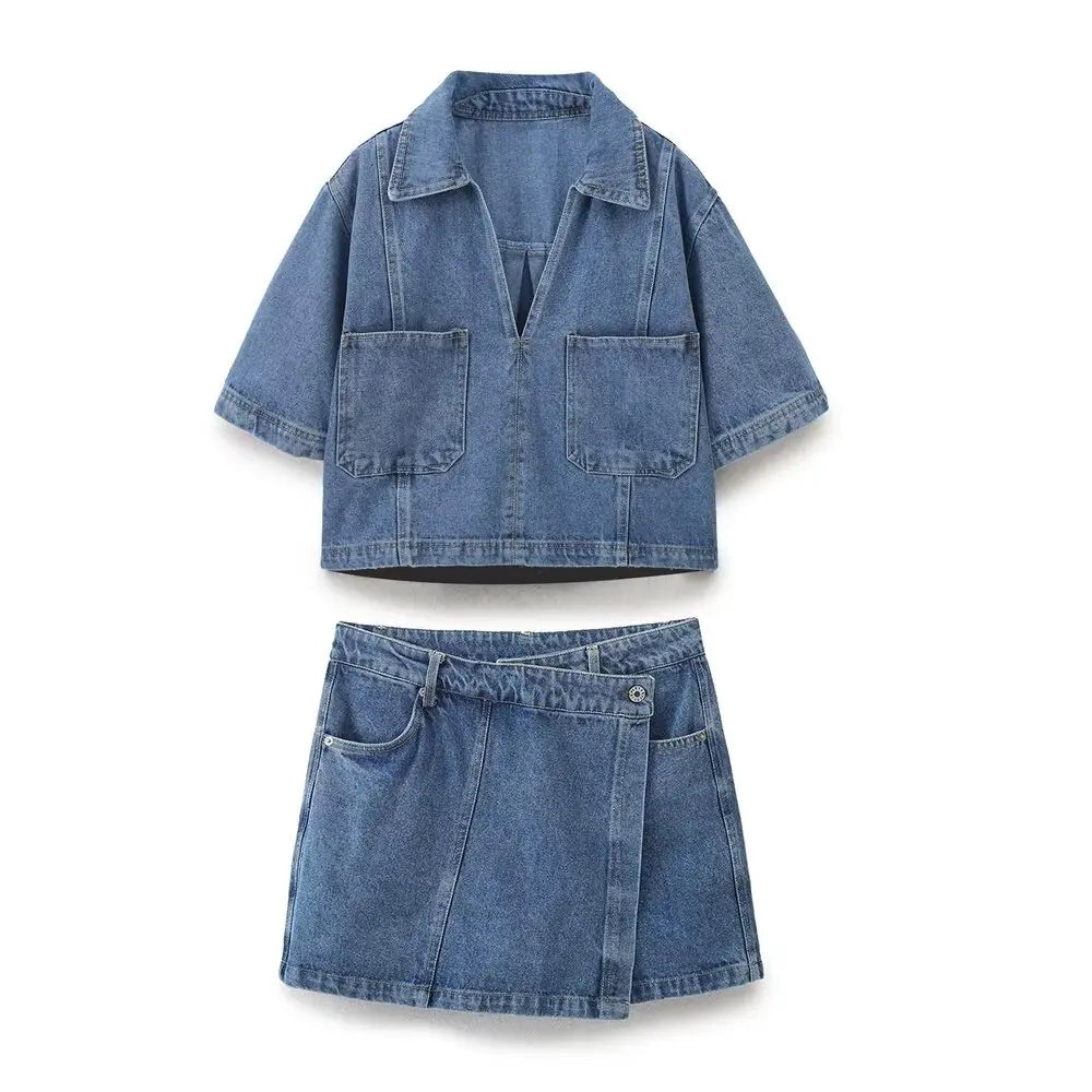 Chic Versatile Women's Casual Denim Shirt and Mini Skirt Set for Stylish Everyday Wear