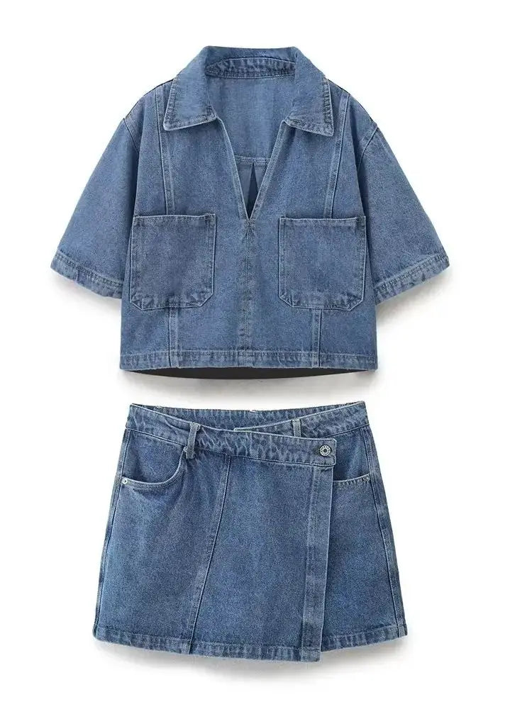 Chic Versatile Women's Casual Denim Shirt and Mini Skirt Set for Stylish Everyday Wear