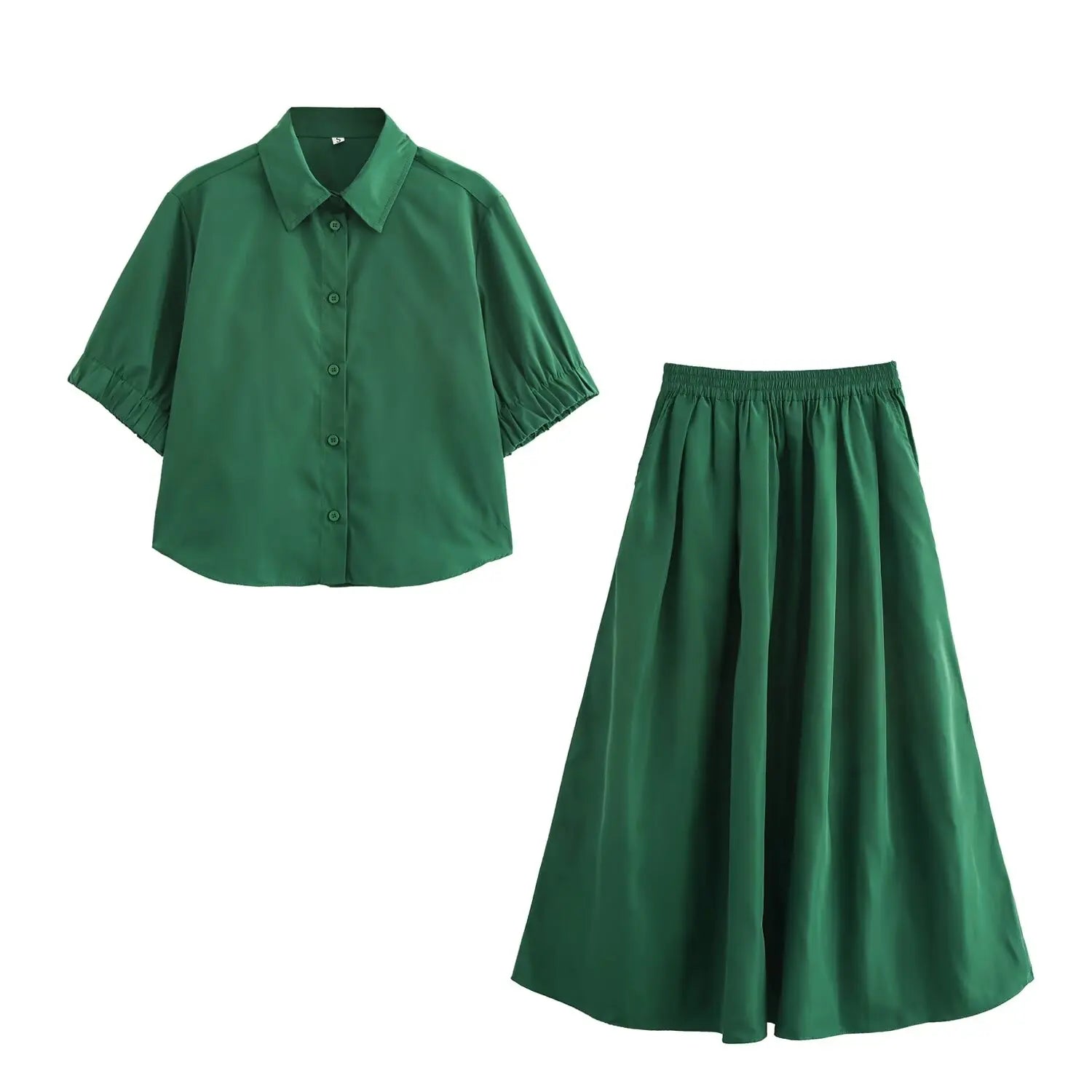 Women's Fashion Versatile Short Sleeve Collared Shirt and Long Dress Set with Elegant Design