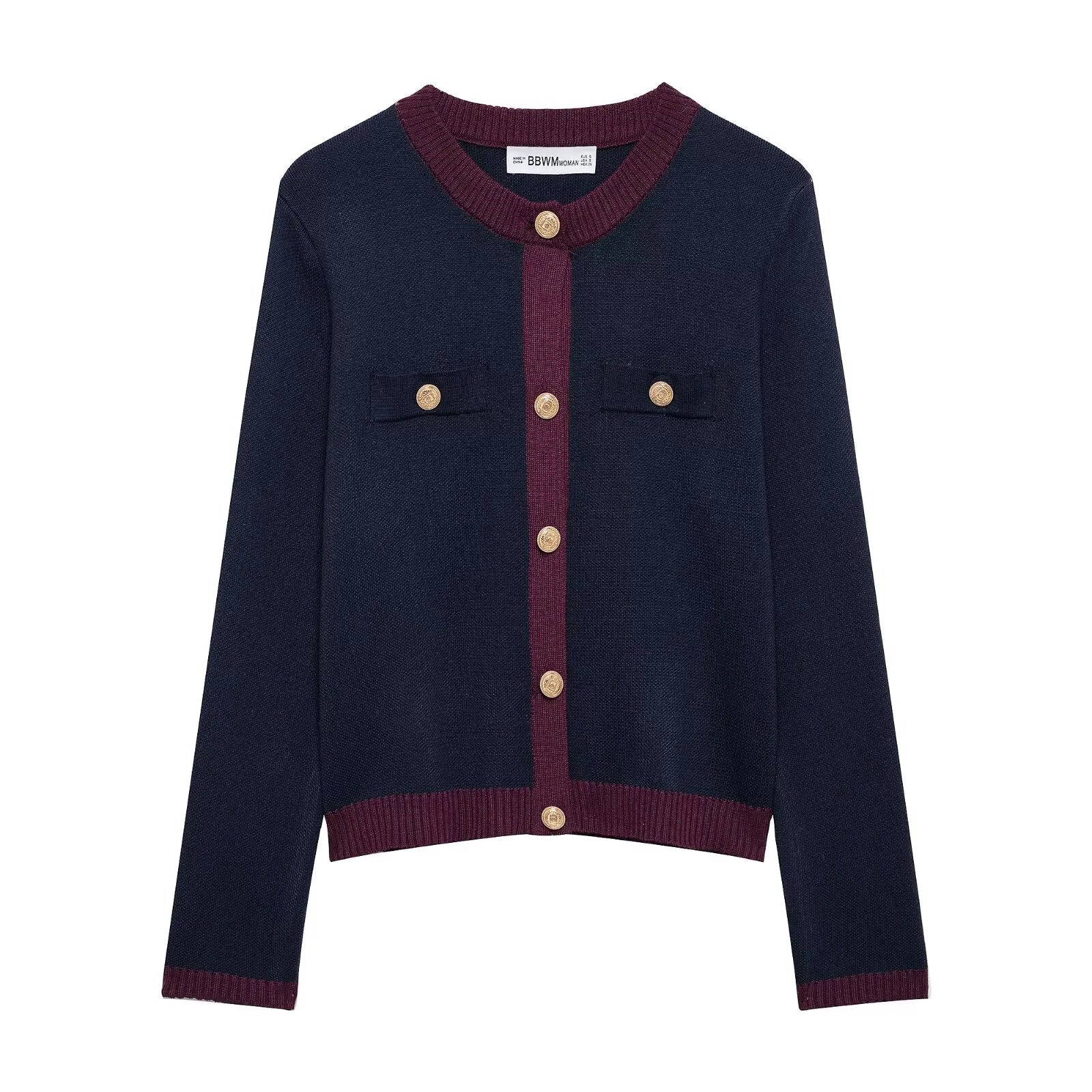 Women's Slim Fit Knitted Jacket and Mini Skirt Set with Long Sleeves and Gold Button Detail