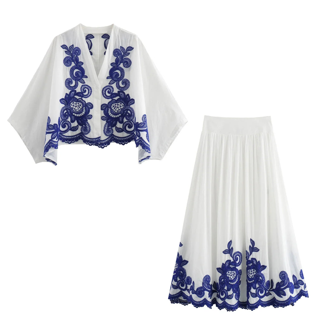 Casual Embroidered Contrast Shirt and Half Skirt Set for Women Stylish Autumn Outfit