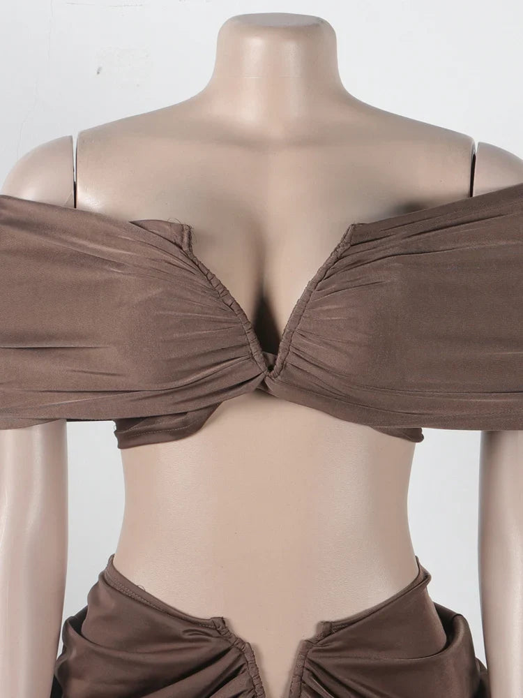 Women's Ruched Two-Piece Skirt Set with Pleated Crop Top and High Waist Skirt Elegant Nightclub Outfit