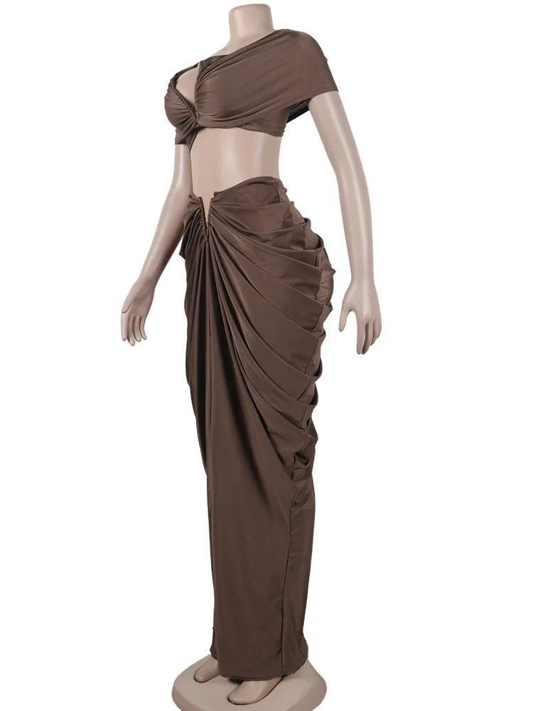 Women's Ruched Two-Piece Skirt Set with Pleated Crop Top and High Waist Skirt Elegant Nightclub Outfit