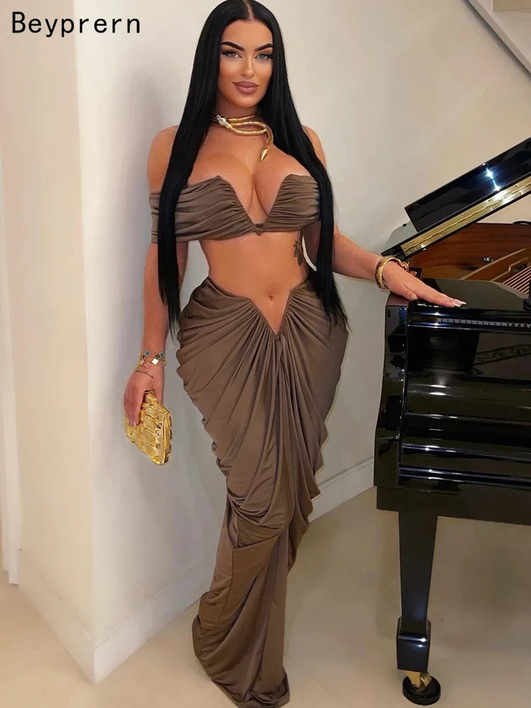 Women's Ruched Two-Piece Skirt Set with Pleated Crop Top and High Waist Skirt Elegant Nightclub Outfit