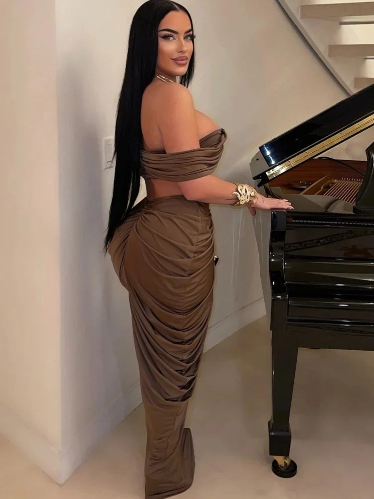 Women's Ruched Two-Piece Skirt Set with Pleated Crop Top and High Waist Skirt Elegant Nightclub Outfit