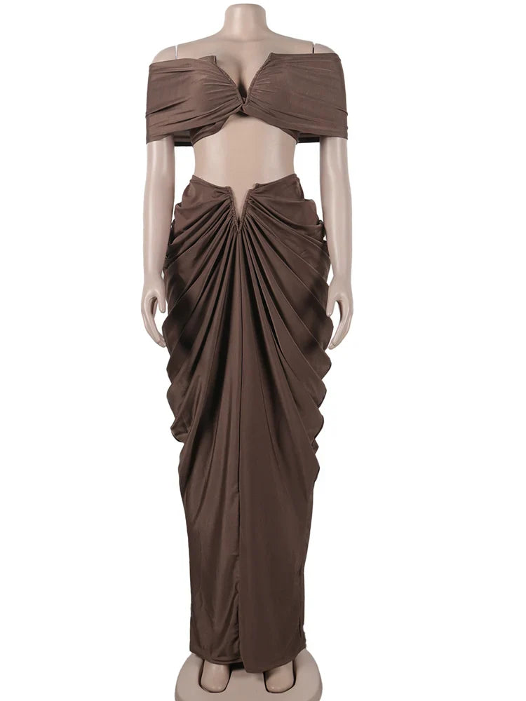 Women's Ruched Two-Piece Skirt Set with Pleated Crop Top and High Waist Skirt Elegant Nightclub Outfit