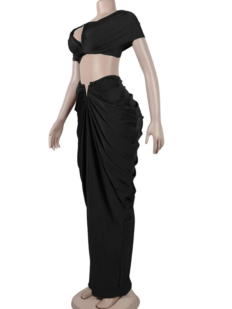 Women's Ruched Two-Piece Skirt Set with Pleated Crop Top and High Waist Skirt Elegant Nightclub Outfit