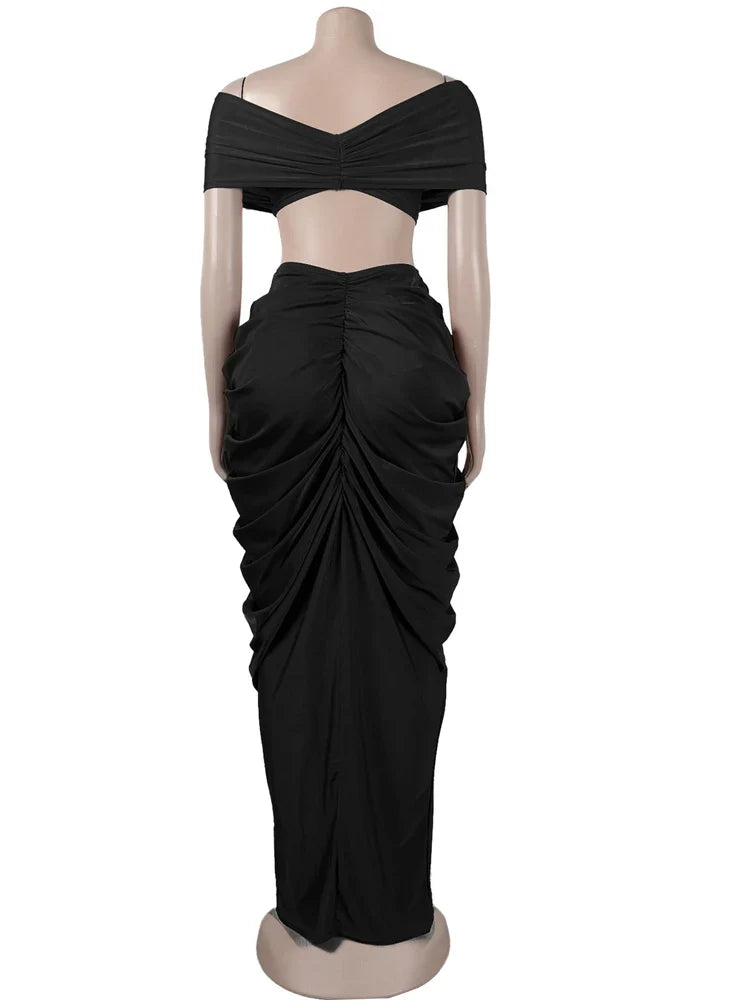 Women's Ruched Two-Piece Skirt Set with Pleated Crop Top and High Waist Skirt Elegant Nightclub Outfit
