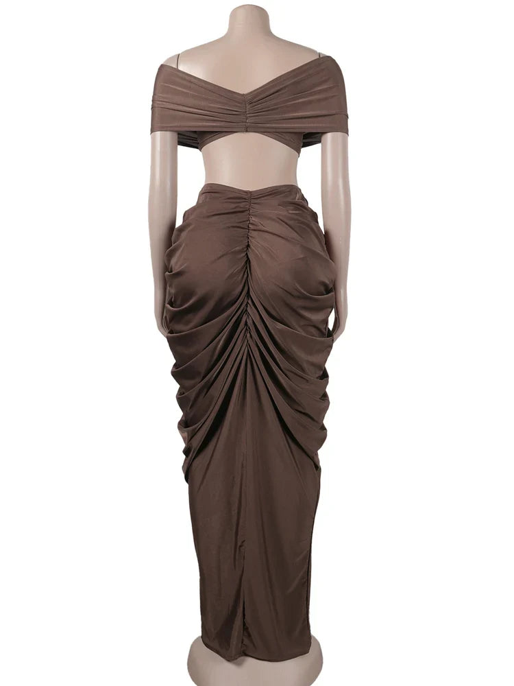 Women's Ruched Two-Piece Skirt Set with Pleated Crop Top and High Waist Skirt Elegant Nightclub Outfit