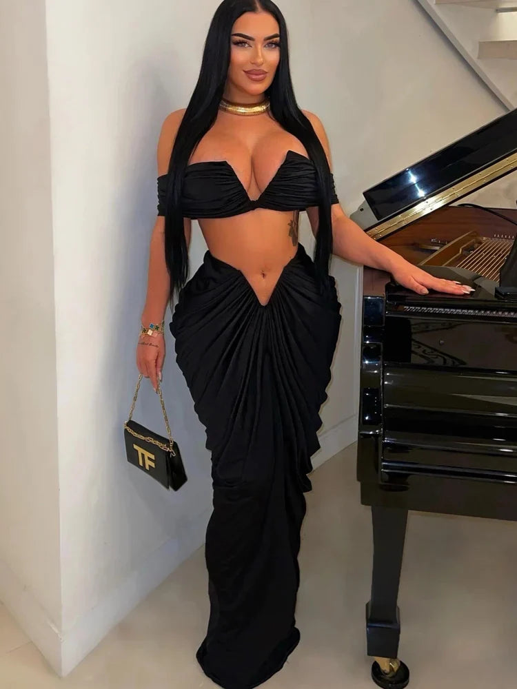 Women's Ruched Two-Piece Skirt Set with Pleated Crop Top and High Waist Skirt Elegant Nightclub Outfit