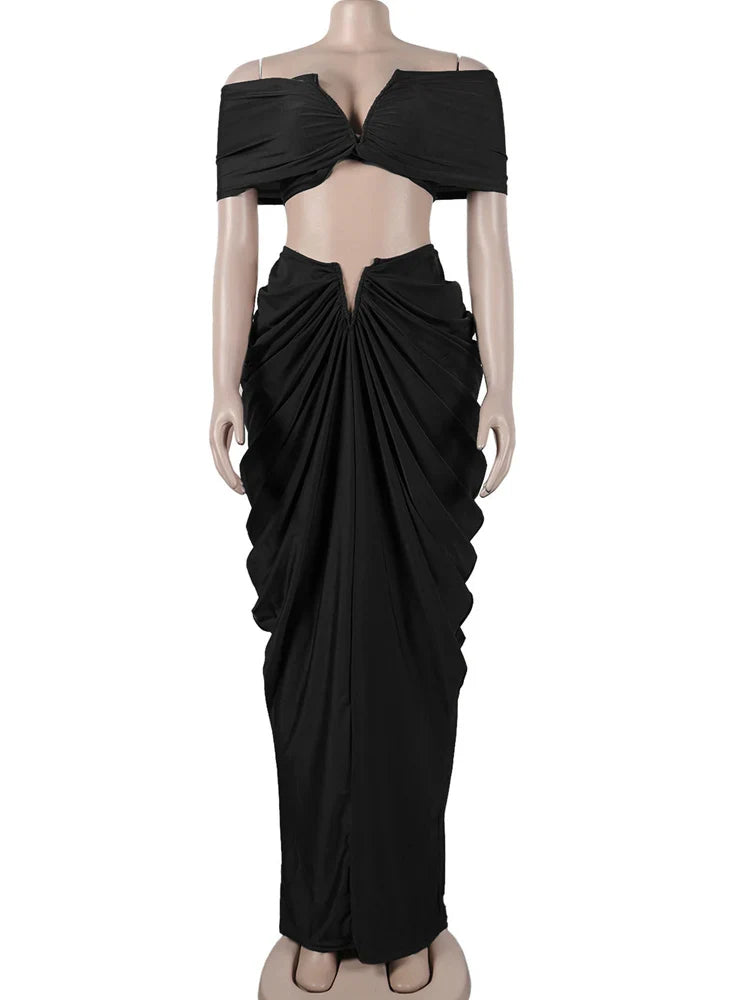 Women's Ruched Two-Piece Skirt Set with Pleated Crop Top and High Waist Skirt Elegant Nightclub Outfit
