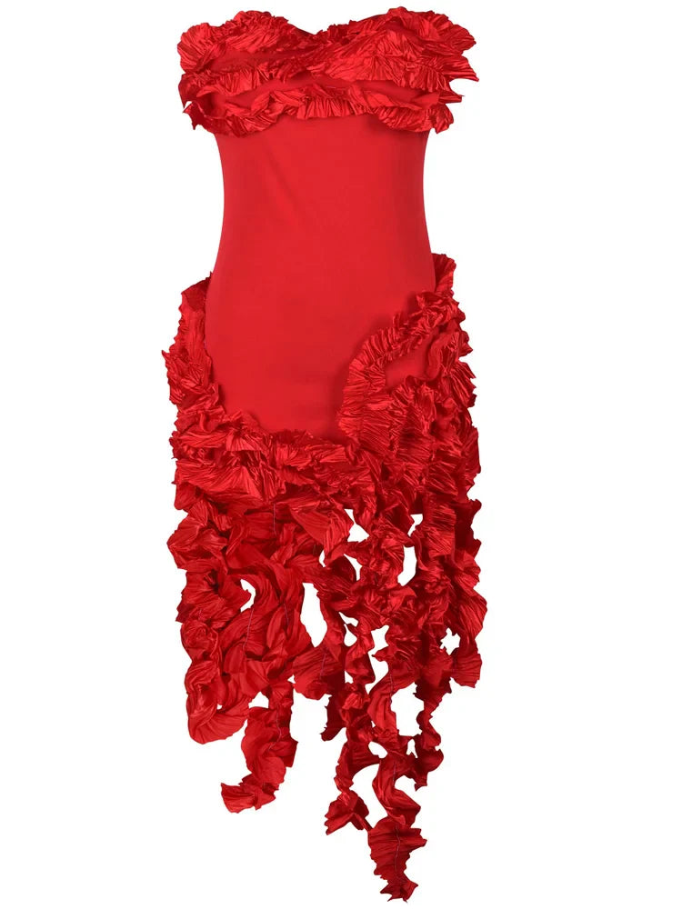 Women's Summer Strapless Ruffle Tassel Dress with Red Flower Embellishments and Irregular Hem for Glamorous Parties and Club Outfits