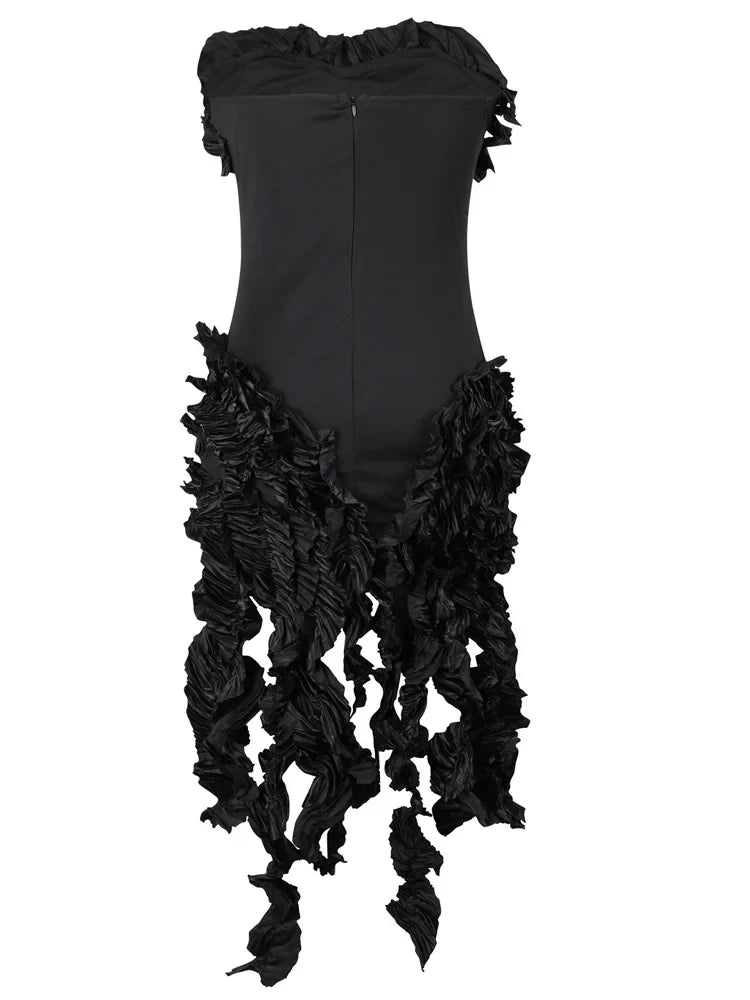 Women's Summer Strapless Ruffle Tassel Dress with Red Flower Embellishments and Irregular Hem for Glamorous Parties and Club Outfits