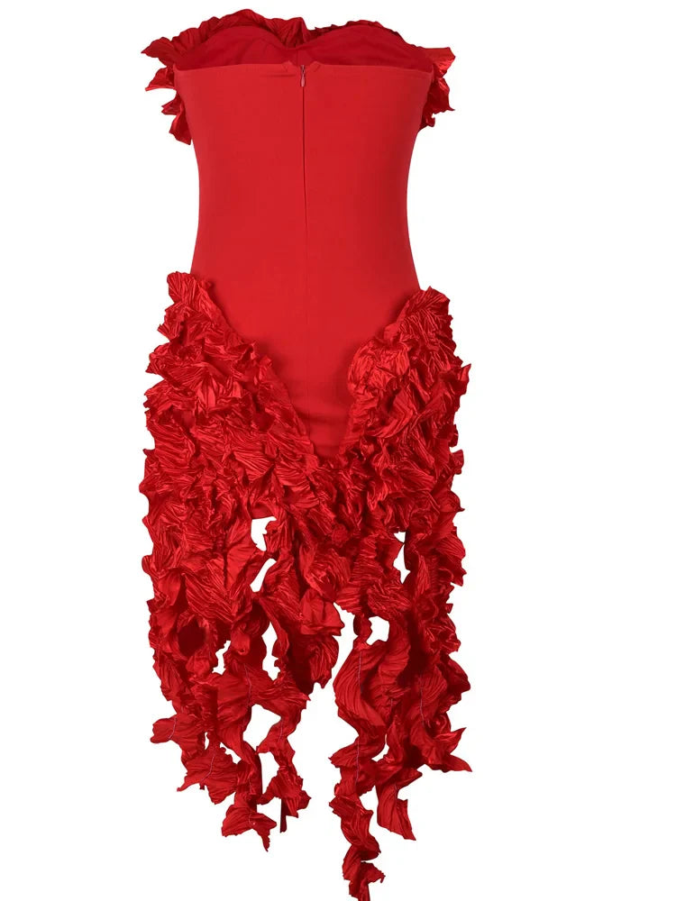 Women's Summer Strapless Ruffle Tassel Dress with Red Flower Embellishments and Irregular Hem for Glamorous Parties and Club Outfits