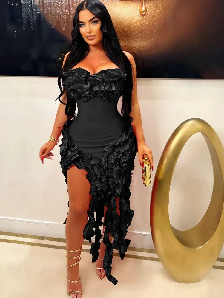 Women's Summer Strapless Ruffle Tassel Dress with Red Flower Embellishments and Irregular Hem for Glamorous Parties and Club Outfits