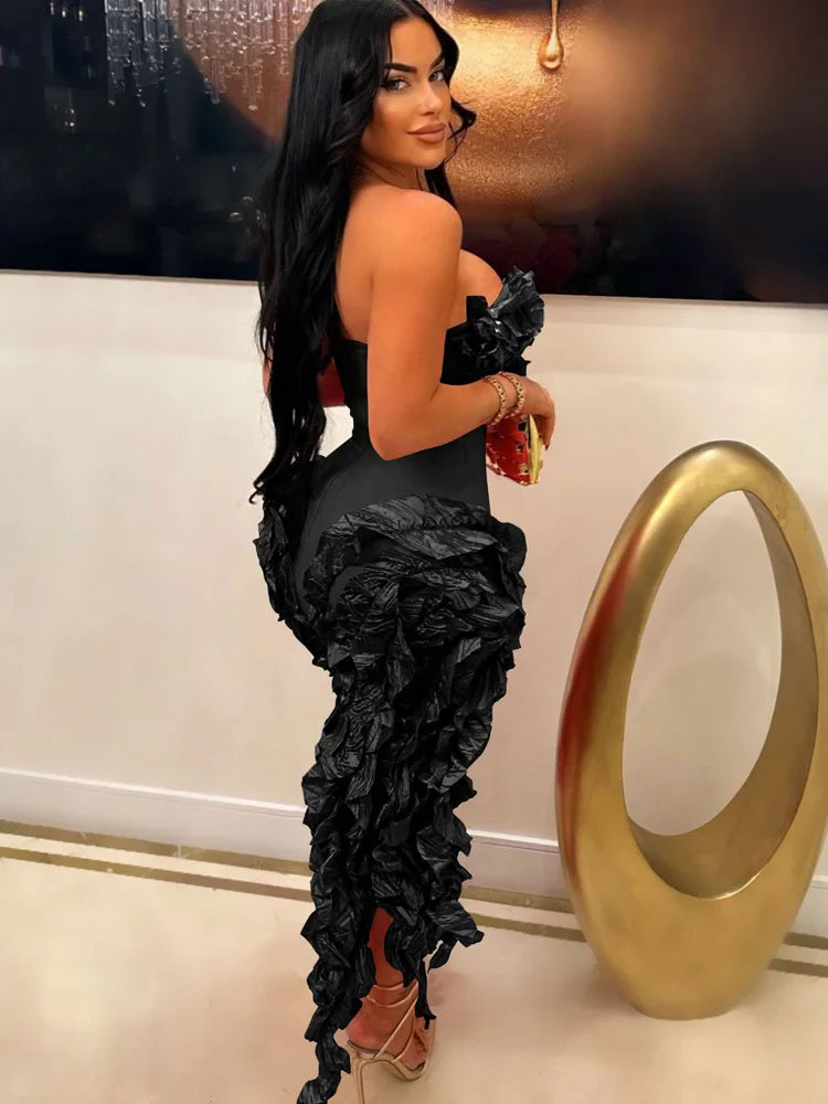 Women's Summer Strapless Ruffle Tassel Dress with Red Flower Embellishments and Irregular Hem for Glamorous Parties and Club Outfits